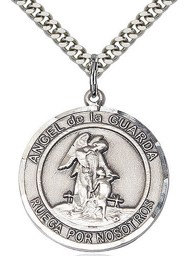 Angel de la Guarda Spanish Medal in Fine Pewter, 3/4" round, Your Choice of Chain # 17300