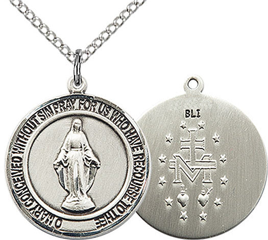St. Miraculous Medal in Fine Pewter, 3/4" round, Your Choice of Chain # 17309