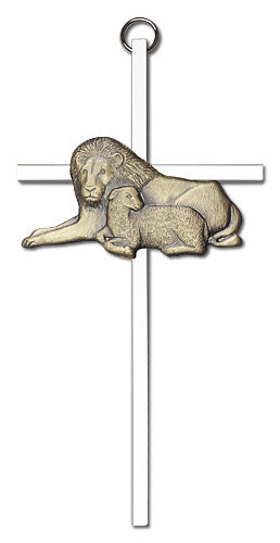 6" Lion with Lamb Cross, Gold-Tone Medallion on Nickel Plated Cross, # 1731