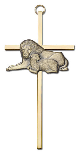 6" Lion with Lamb Cross, Gold-Tone Medallion on Polished Brass Cross, # 1732