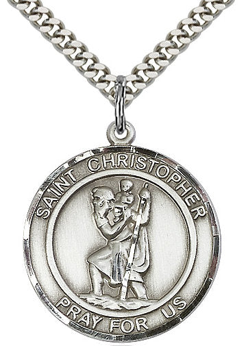 St. Christopher Medal in Fine Pewter, 1" round, Your Choice of Chain # 17325