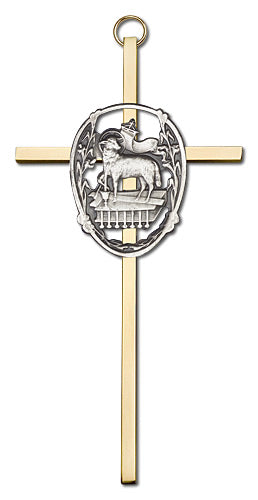 6" Lamb of God Cross, Silver-Tone Medallion on Polished Brass Cross, # 1734