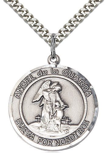 Angel de la Guarda Spanish Medal in Fine Pewter, 1" round, Your Choice of Chain # 17351