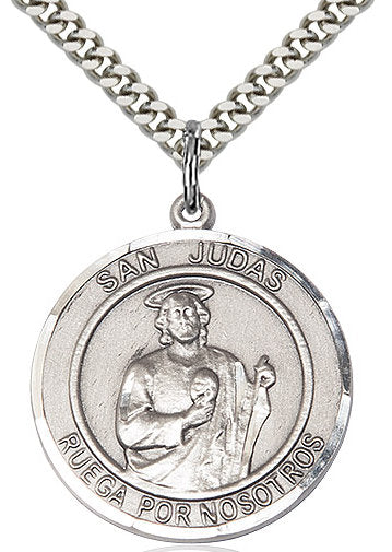 San Judas Spanish Medal in Fine Pewter, 1" round, Your Choice of Chain # 17353