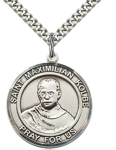 St. Maximilian Kolbe Medal in Fine Pewter, 1" round, Your Choice of Chain # 17358