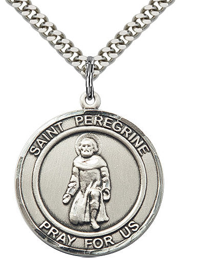 St. Peregrine Medal in Fine Pewter, 1" round, Your Choice of Chain # 17363
