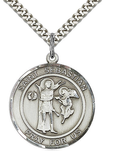 St. Sebastian Medal in Fine Pewter, 1" round, Your Choice of Chain # 17368