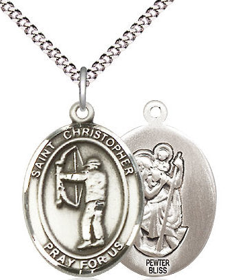 Archery / St. Christopher Medal in Fine Pewter, 3/4", Your Choice of Chain # 17373