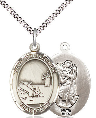 Fishing / St. Christopher Medal in Fine Pewter, 3/4", Your Choice of Chain # 17380