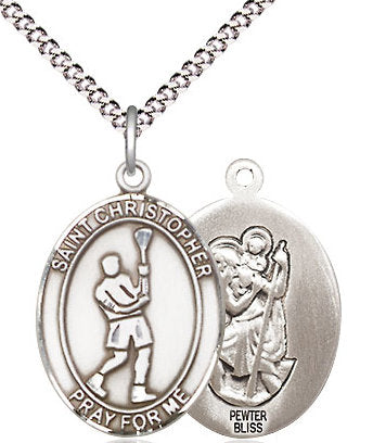 Lacrosse / St. Christopher Medal in Fine Pewter, 3/4", Your Choice of Chain # 17385