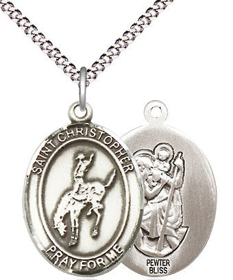 Rodeo / St. Christopher Medal in Fine Pewter, 3/4", Your Choice of Chain # 17388
