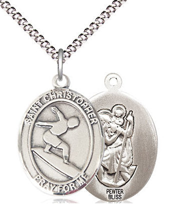 Surfing / St. Christopher Medal in Fine Pewter, 3/4", Your Choice of Chain # 17393