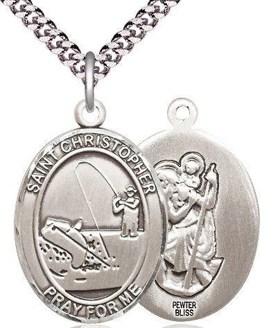 Fishing / St. Christopher Medal in Fine Pewter, 1", Your Choice of Chain # 17411