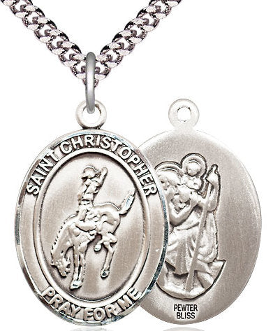 Rodeo / St. Christopher Medal in Fine Pewter, 1", Your Choice of Chain # 17419