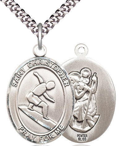 Surfing / St. Christopher Medal in Fine Pewter, 1", Your Choice of Chain # 17424