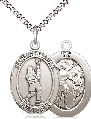 Lacrosse / St. Sebastian Medal in Fine Pewter, 3/4", Your Choice of Chain # 17445