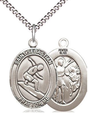 Surfing / St. Sebastian Medal in Fine Pewter, 3/4", Your Choice of Chain # 17455