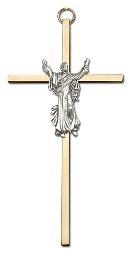 6" Risen Christ Cross, Silver-Tone Figure on Polished Brass Cross, # 1746