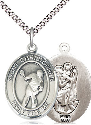 Lacrosse / St. Christopher Medal in Fine Pewter, 3/4", Your Choice of Chain # 17496