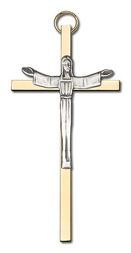 4" Risen Christ Cross, Silver-Tone Figure on Polished Brass Cross, # 1750