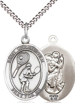 Tennis / St. Christopher Medal in Fine Pewter, 3/4", Your Choice of Chain # 17502