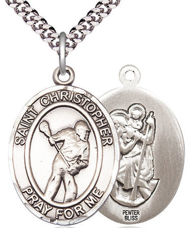 Lacrosse / St. Christopher Medal in Fine Pewter, 1", Your Choice of Chain # 17517