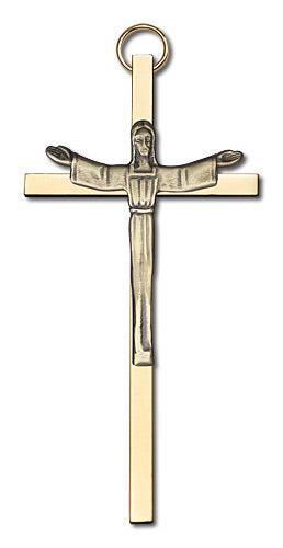 4" Risen Christ Cross, Gold-Tone Figure on Polished Brass Cross, # 1752