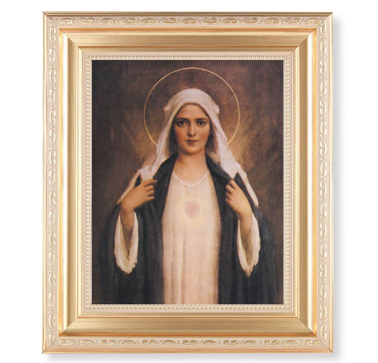 Chambers: Immaculate Heart of Mary, 11.5"x13.5" Satin Gold Frame, Distressed Finish with Scrollwork, Italian Print Under Glass # 26426