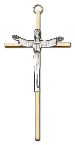 6" Risen Christ Cross, Silver-Tone Figure on Polished Brass Cross, # 1754