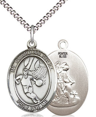 Basketball / Guardian Angel Medal in Fine Pewter, 3/4", Your Choice of Chain # 17566