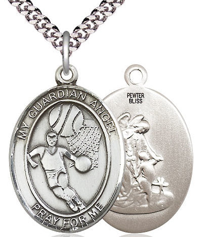 Basketball / Guardian Angel Medal in Fine Pewter, 1", Your Choice of Chain # 17579