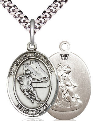Hockey / Guardian Angel Medal in Fine Pewter, 1", Your Choice of Chain # 17583