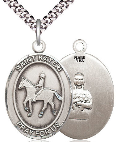 Equestrian / St. Kateri Medal in Fine Pewter, 1", Your Choice of Chain # 17587