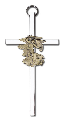 4" St. Michael Cross, Gold-Tone Figure on Nickel Plated Cross, # 1760
