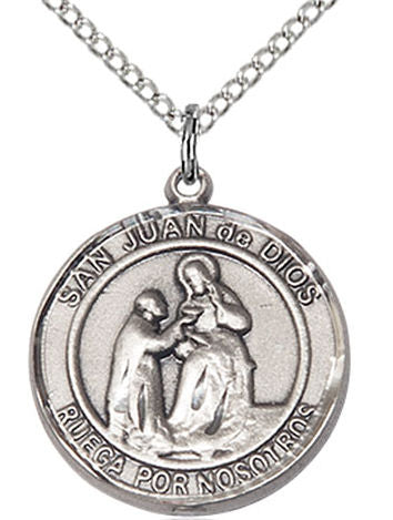 San Juan de Dios Spanish Medal in Fine Pewter, 3/4" round, Your Choice of Chain # 17609