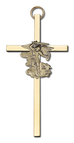 4" St. Michael Cross, Gold-Tone Figure on Polished Brass Cross, # 1761