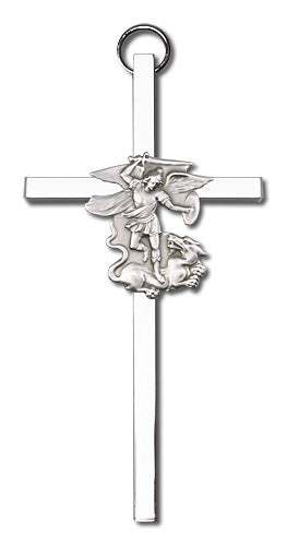 4" St. Michael Cross, Silver-Tone Figure on Nickel Plated Cross, # 1762