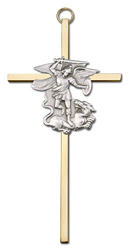 6" St. Michael Cross, Silver-Tone Figure on Polished Brass Cross, # 1763