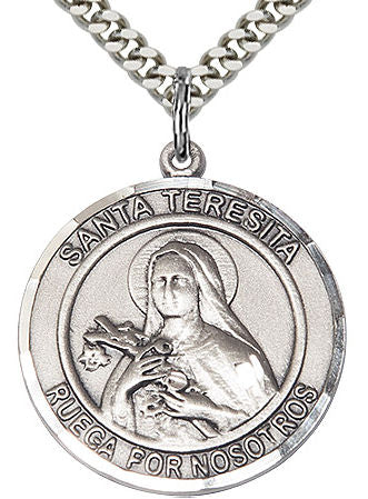 Santa Teresita Spanish Medal in Fine Pewter, 1" round, Your Choice of Chain # 17630