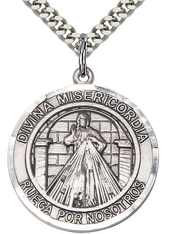 Divina Misericordia Spanish Medal in Fine Pewter, 1" round, Your Choice of Chain # 17638