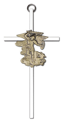 6" St. Michael Cross, Gold-Tone Figure on Nickel Plated Cross, # 1764