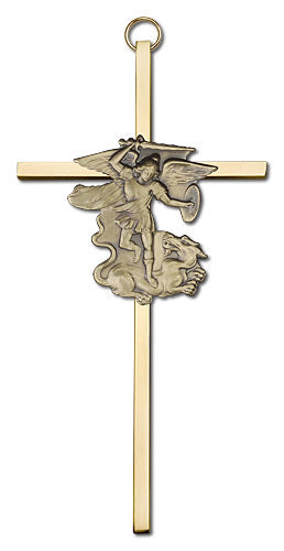 6" St. Michael Cross, Gold-Tone Figure on Polished Brass Cross, # 1765