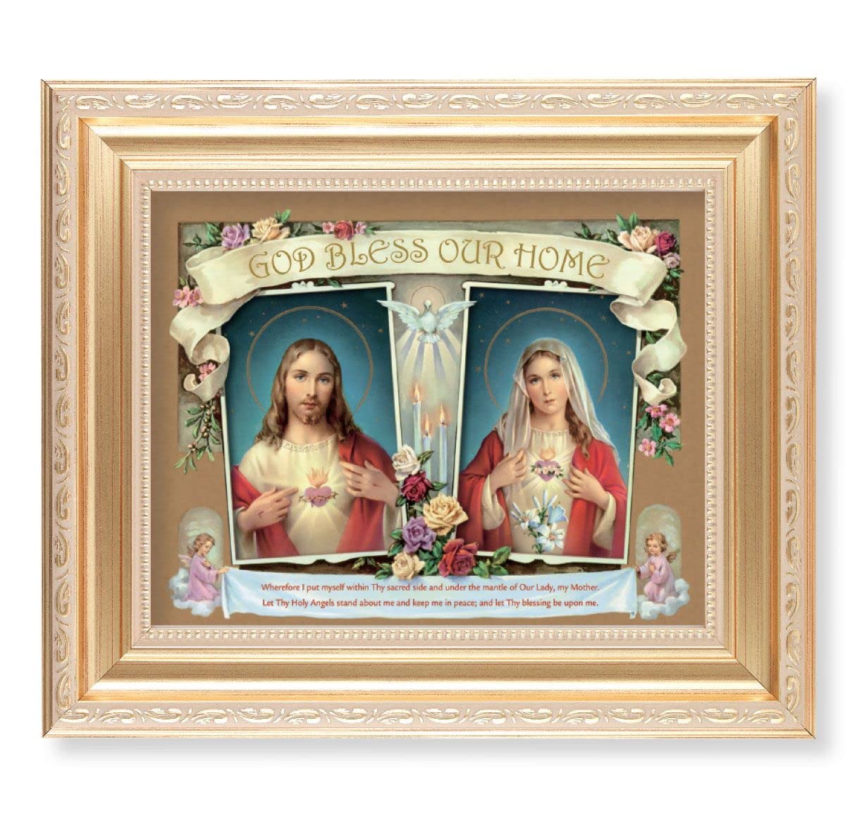 God Bless Our Home, 11.5"x13.5" Satin Gold Frame, Distressed Finish with Scrollwork, Italian Print Under Glass # 26479