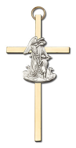 4" Guardian Angel Cross, Silver-Tone Figure on Polished Brass Cross, # 1767