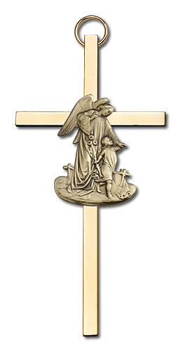 4" Guardian Angel Cross, Gold-Tone Figure on Polished Brass Cross, # 1769