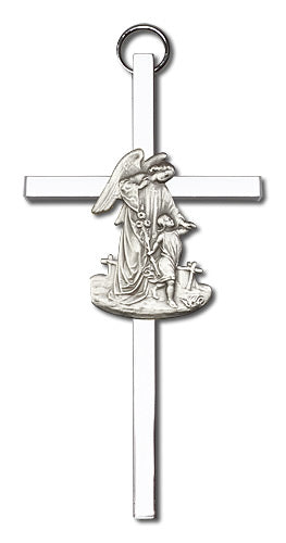 4" Guardian Angel Cross, Silver-Tone Figure on Nickel Plated Cross, # 1770