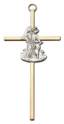 6" Guardian Angel Cross, Silver-Tone Figure on Polished Brass Cross, # 1771