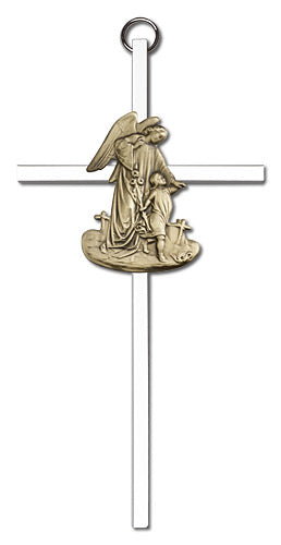 6" Guardian Angel Cross, Gold-Tone Figure on Nickel Plated Cross, # 1772