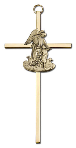6" Guardian Angel Cross, Gold-Tone Figure on Polished Brass Cross, # 1773