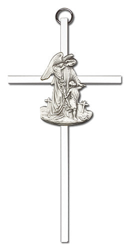 6" Guardian Angel Cross, Silver-Tone Figure on Nickel Plated Cross, # 1774